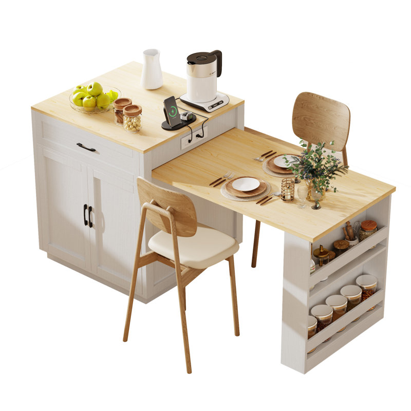Table de salle à manger avec îlot de cuisine, Blanc, Naturel