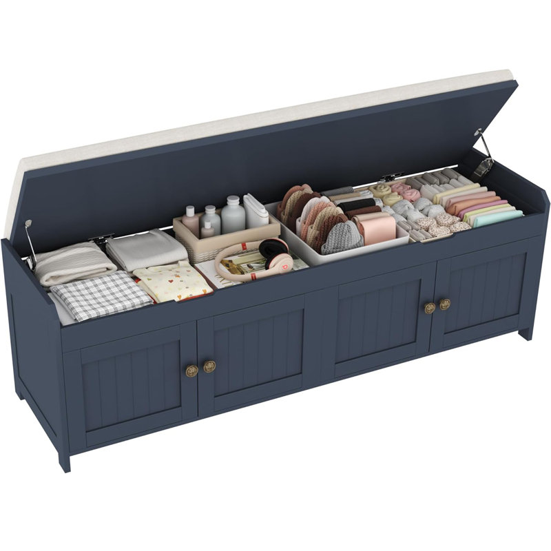 54.4" Shoe Bench with Lift Top Storage,Entryway Storage Bench with Cushioned Seat and 4 Doors, Blue