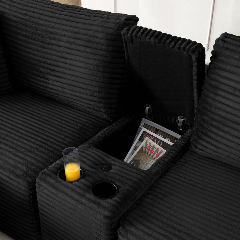Canapé modulaire modulaire, canapé en nuage de velours côtelé à siège profond avec porte-gobelets, ports USB et boîte de rangement, canapé-lit, canapé sans dossier avec repose-pieds mobile pour le salon, aucun assemblage requis, noir