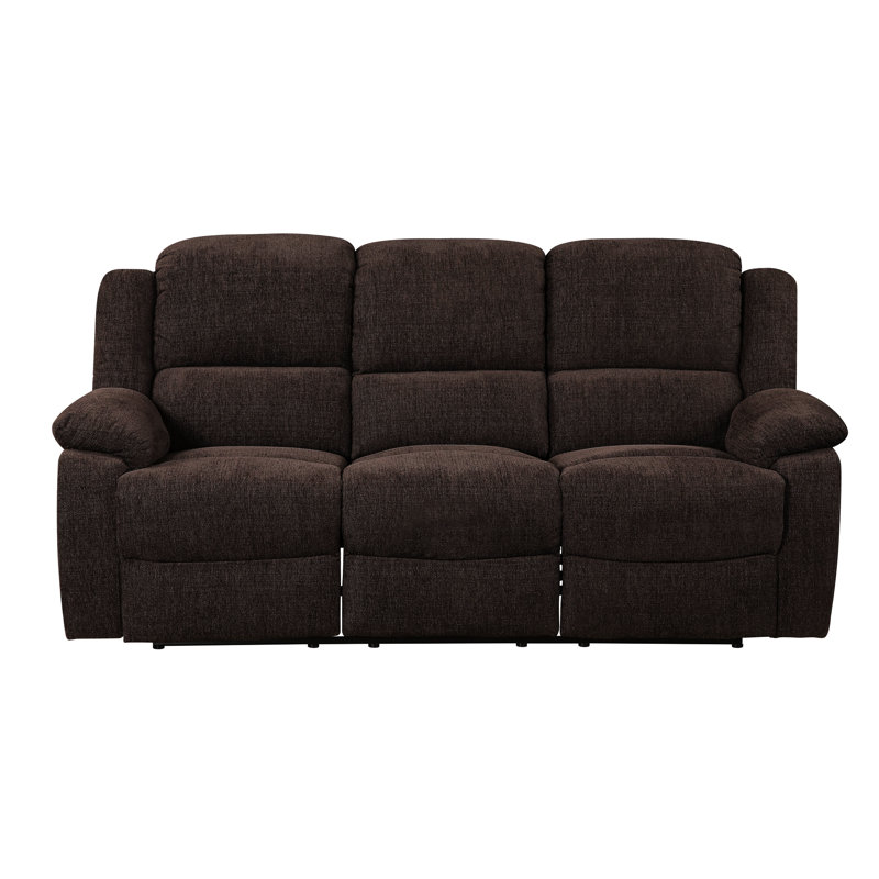 Chenille brune pour 3 personnes avec mécanisme d'inclinaison à mouvement, console avec porte-gobelet et siège rabattable, table de rangement, siège à ressorts ensachés et accoudoirs à ressort, loquet extérieur