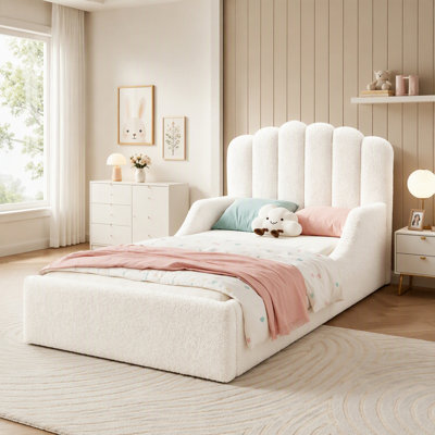 Teddy Fabric Upholstered Floor Bed, Stylish and Soft Plush Bed for Kids & Teens, Low Profile Children Bed Frame