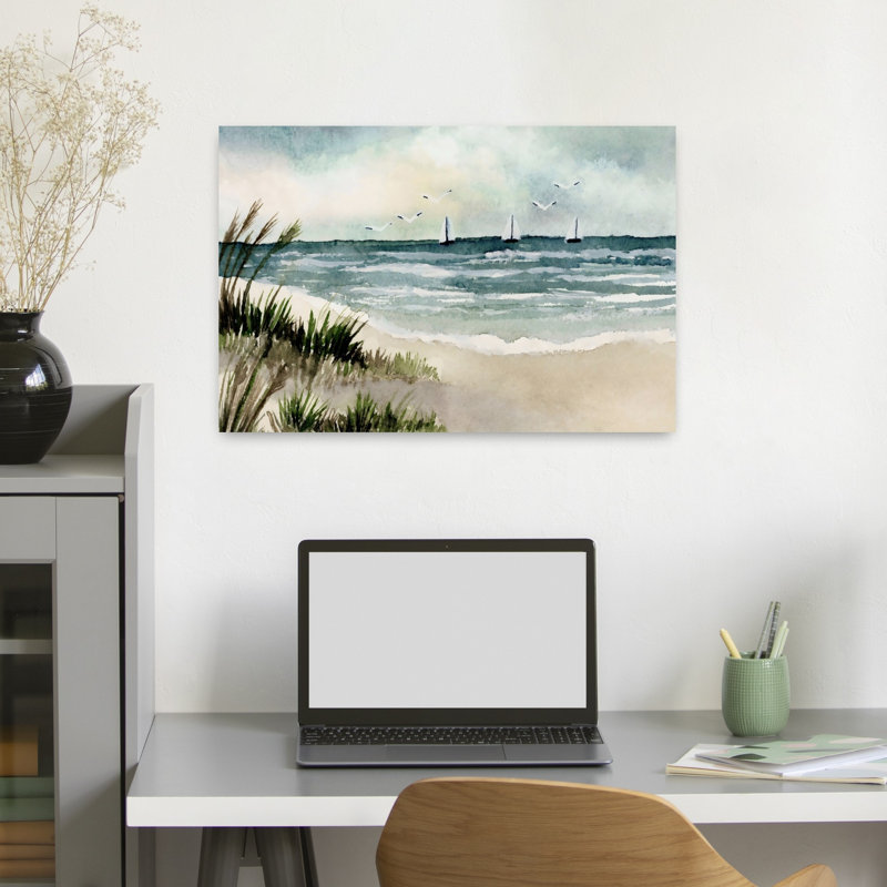 Plage, plage, aquarelle, art mural contemporain, 16" H x 24" W