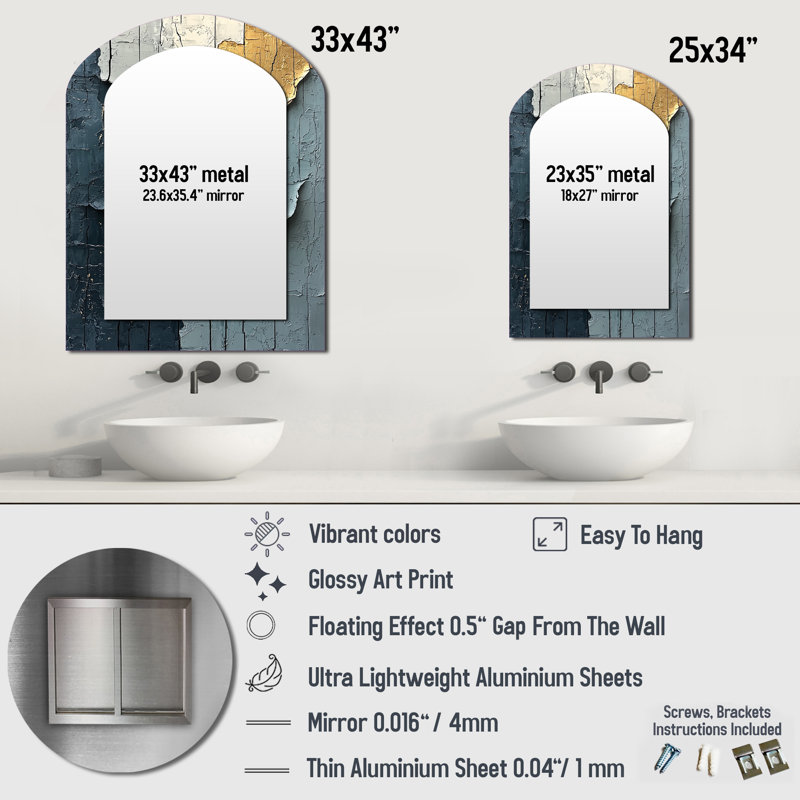 Gold Grey Fleeting Shadows I - Modern Arch Decorative Mirror, Modern Asymmetrical Wall Mirror, Printed Metal Art, 34" x 25"