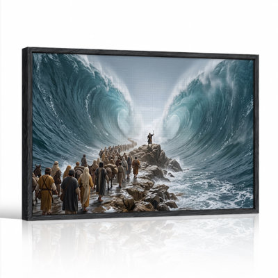 Crowd Walking Through Massive Parted Blue Ocean Waves Canvas Wall Art