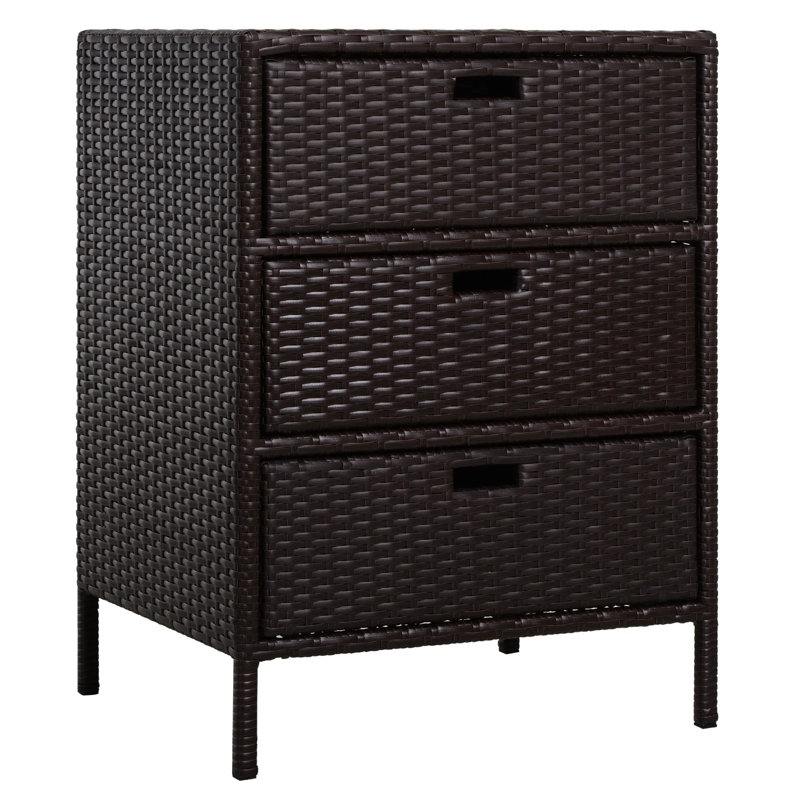 32" Poolside Rattan Storage Cabinet, 3-drawer Pe Wicker Patio Organizer With Weather-resistant Steel Frame For Towels & Pool Accessories