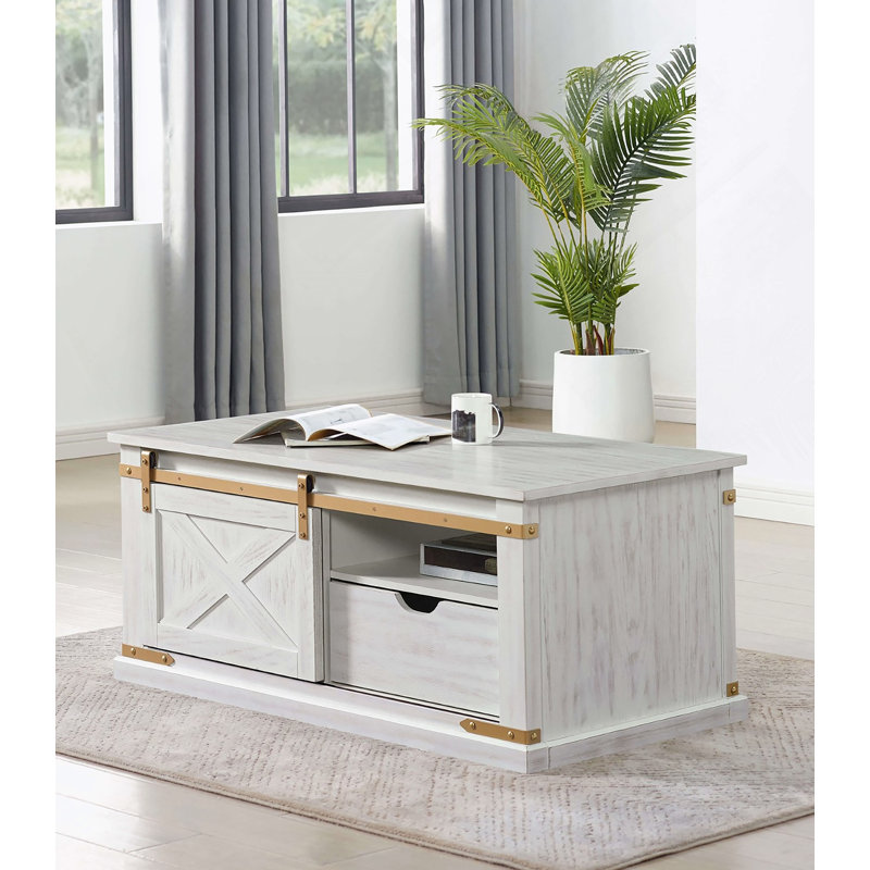 Table basse de salon de style rustique blanc antique 1 pièce avec tablettes ouvertes