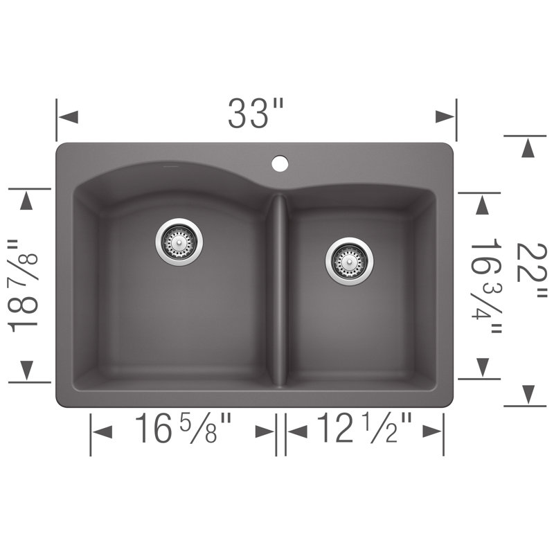 Diamond SILGRANIT 33" L x 22" W Double Bowl Drop-in/Undermount Kitchen Sink, Cinder