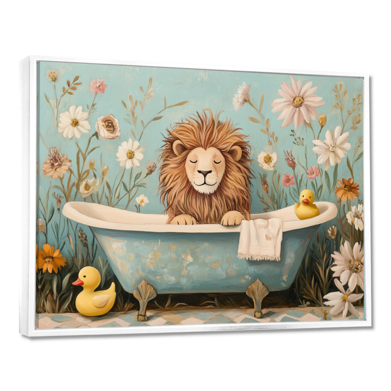 L'heure du bain des petits lionceaux - Toile encadrée Lion, H 30 po x l 40 po, Cadre flottant blanc