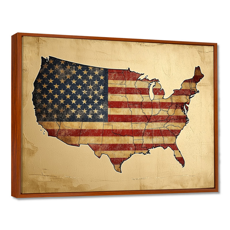 Art mural sur toile Laakkonen, drapeau rétro et carte des États-Unis, H 12 po x l 20 po, Floater Framed, Brun