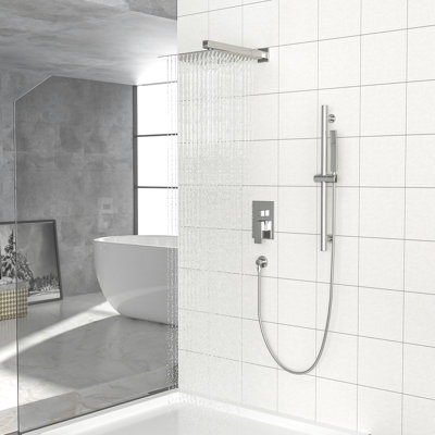 Wall Mounted Shower System With 10 Inch Square Rainfall Head, 26.18 Adjustable Slide Bar, Dual Function, Easy To Clean Nozzle, Brushed Nickel Tub & Fa