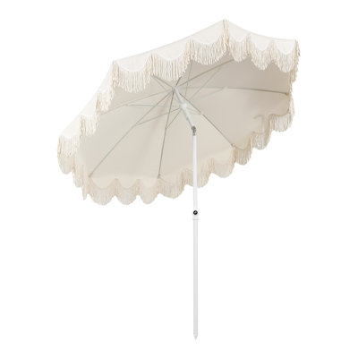 Mariner 6.5 ft. Solid Round Outdoor Beach Umbrella with Fringe, Push-Button Tilt, UV 50, Cream Canopy, White Pole
