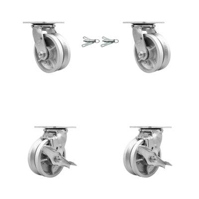 4 Piece V Groove Semi Steel Caster Set with Ball Bearings 2 Swivel Lock 2 Brake