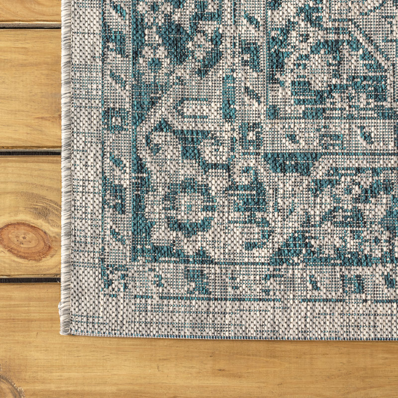 Tapis d'intérieur / extérieur gris / bleu sarcelle Nate Boho, Tapis de couloir 2 pi 2 po x 8 pi