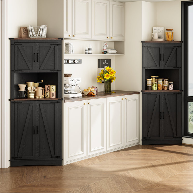 68" Corner Kitchen Pantry With 4 Doors And Adjustable Shelves, Black