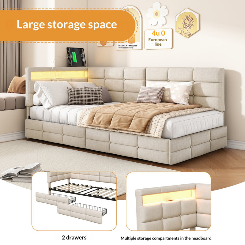 Upholstered Daybed with Drawer Storage, Beige, 140 x 190 cm