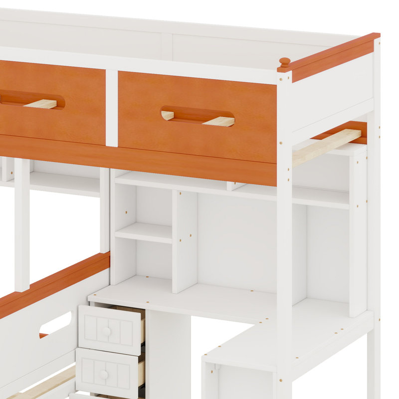 Lit superposé en bois avec bureau, tiroirs, tablettes et armoire
