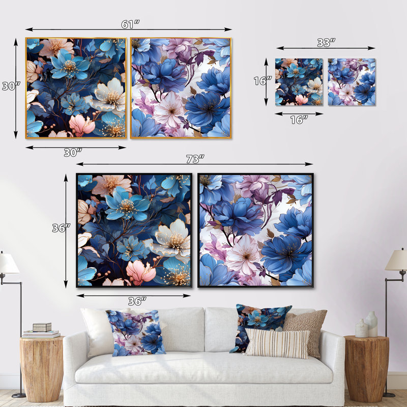 Artrip - Ensemble de 2 collages floraux carrés, Cadre flottant noir, H 16 po x l 33 po