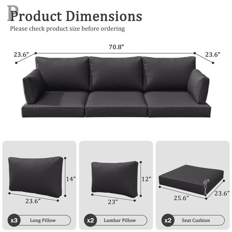 Outdoor 4" Thick Replacement Cushion Set Seat/Back Cushion (Set Of 3 Seats , 3 Backs , 2 Short Backs), Gray