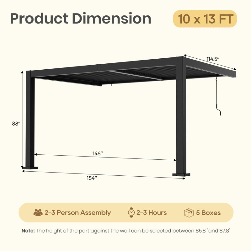 Pergola d'extérieur à persiennes en aluminium avec toit réglable pour jardin, H 88 po x l 154 po x P 114,5 po
