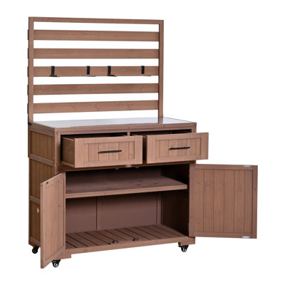 (With Assembly Video) TOPMAX 64.9'' H Large Patio Kitchen Island Solid Wood Kitchen Cart, Grill Prep BBQ Table, Garden Potting Bench with Stainless Table Top, 3 Movable Shelves and 2 Drawers,Brown