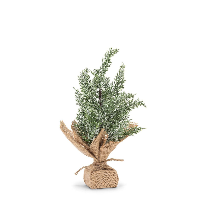 Décoration arbre enneigé vert avec base en toile de jute
