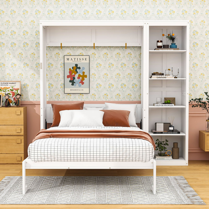 Lit escamotable en bois avec tablettes et tête de lit Goudelock, Grand, Blanc