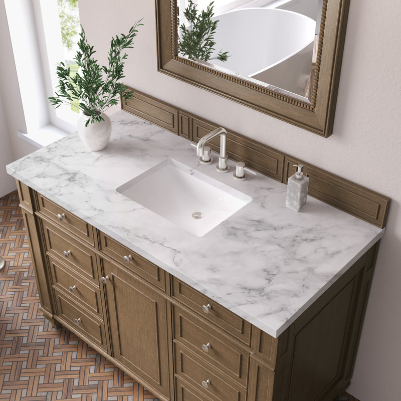 Calisto 48'' Single Bathroom Vanity with Stone Top, Saddle Brown, Carrara White, 8" Widespread