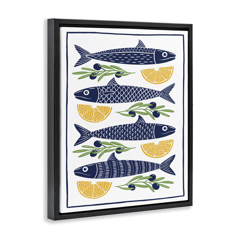 Cadre flottant poisson, citron et olives, design par Bex Morley Design, Cadre flottant noir de jais, H 21 po x l 17 po