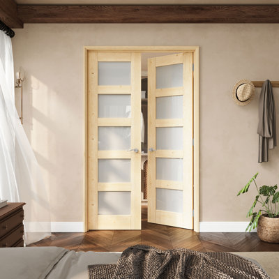 Porte française en bois de pin et verre givré de 48 po x 80 po à 5 lumières avec charnières argentées, dalle de porte en verre avec cadre, porte intérieure française comme porte de garde-manger, porte de chambre à coucher, porte de buanderie, portes de placard, portes de pièce, loquet et levier de porte inclus