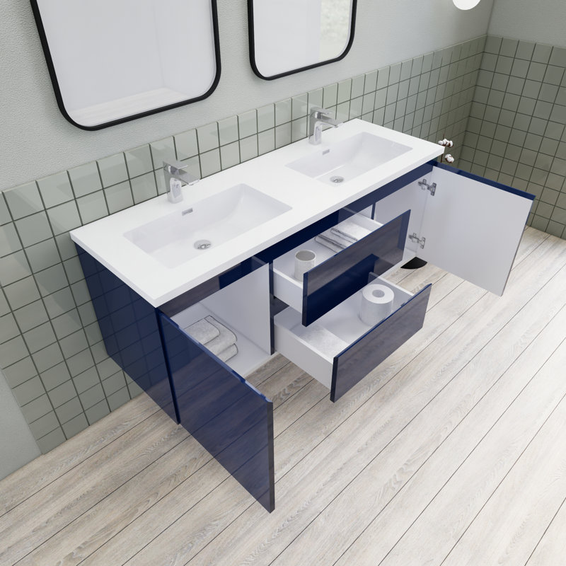 Meuble-lavabo double 60 po Alcester Ivy Bronx, Bleu brillant