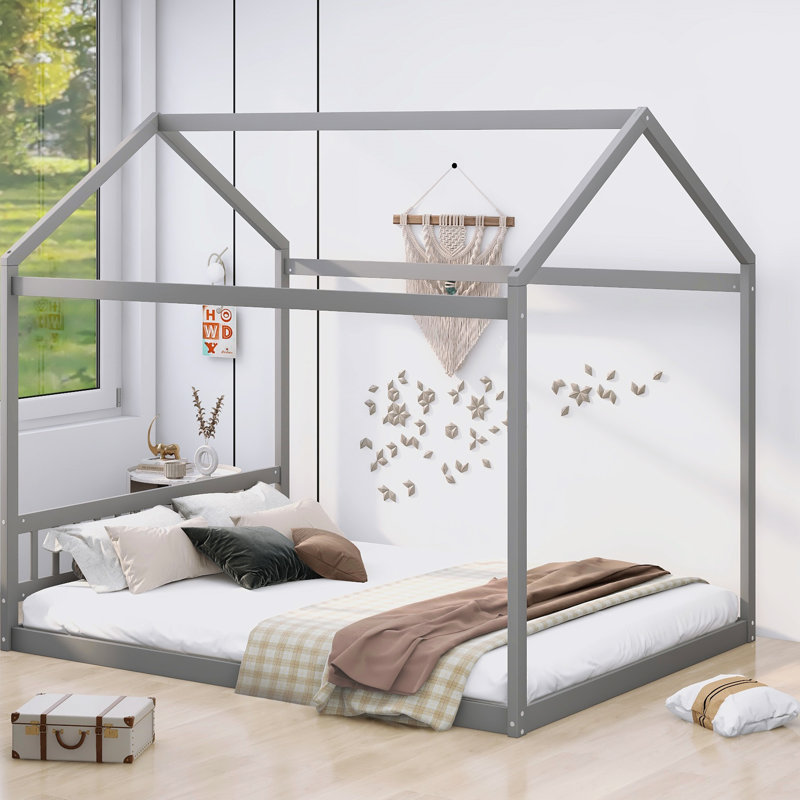 Grand lit maison en bois avec tête de lit et lit, Gris