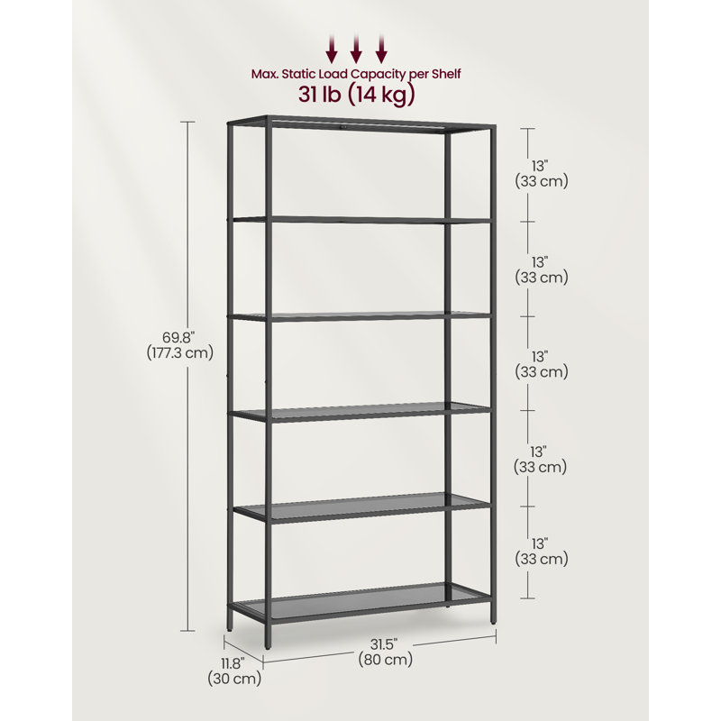 6-Tier Glass Shelf  Bookshelf, Grey