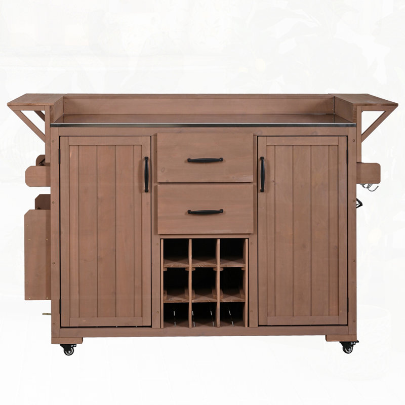 60.2"W Outdoor Kitchen Island with Wheels and Stainless Steel Top, Brown