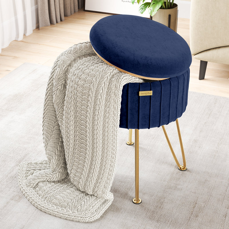 Round Pleated Velvet Ottoman with Storage, Gold, Blue