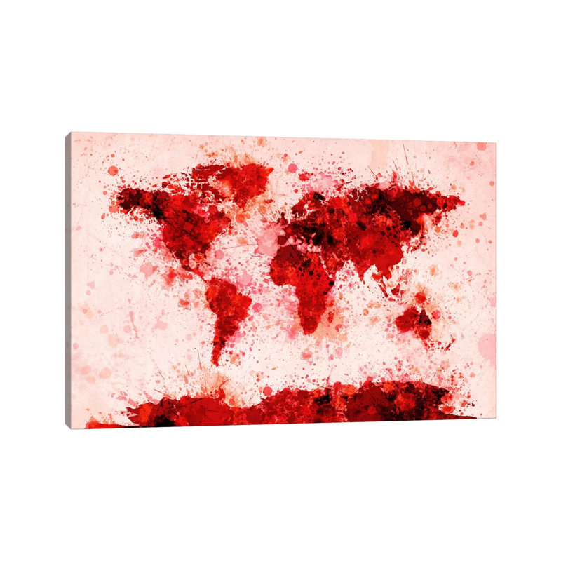 World Map Paint Splashes (Red) by Michael Tompsett - Wrapped Canvas Painting, 152.5 cm H x 101.5 cm W