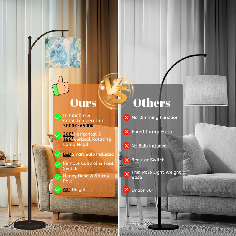 Arc Floor Lamp with Adjustable Lampshade Seashell Starfish Coral Soft Blue Tones Coastal Marine Life Standing Lamp 3 Color Temperatures Dimmable Tall Pole Lamp with Foot Switch for Bedroom