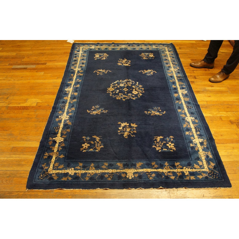 Antique Navy Blue Floral Medallion Chinese Late 19th Century Peking Rug