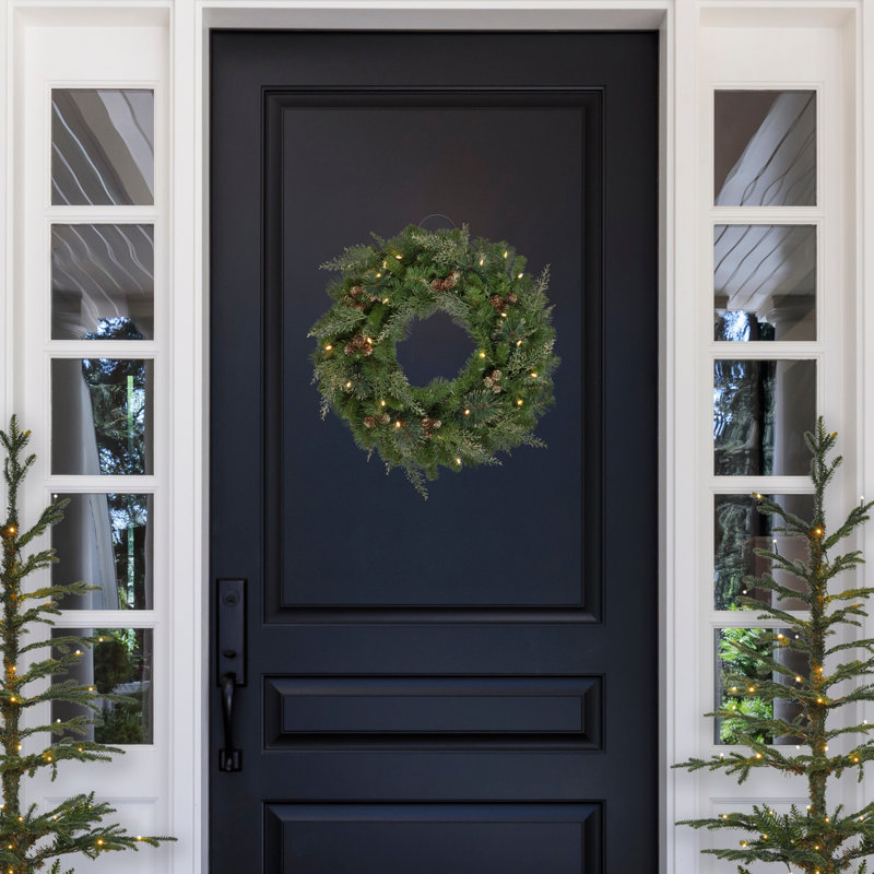 24 Inch Bergen Pine Wreath with Gold Accents and Soft White LED Lights on Auto Timer