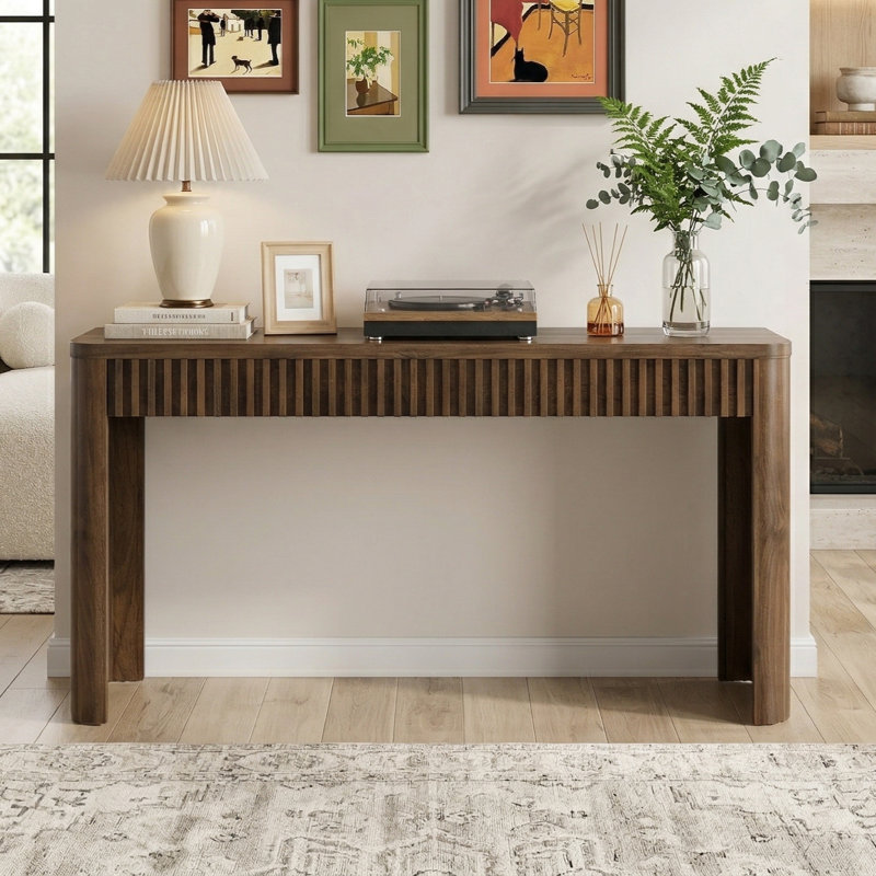 Abdel 59" Fluted Console Table with Mid-Century Modern Styling, Walnut, 29.5" H x 59.1" W x 15.4" D