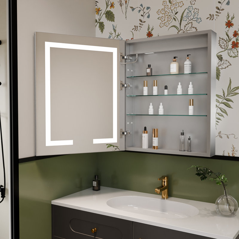 Livvia Recessed or Surface Mount Frameless LED Medicine Cabinet with Electrical Outlet and Anti-fog, 30" H x 24" W x 5.25" D