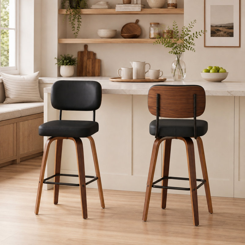Tabouret de bar pivotant rembourré Hesson, hauteur du siège 29,5 po, structure en bois (ensemble de 2), Noir