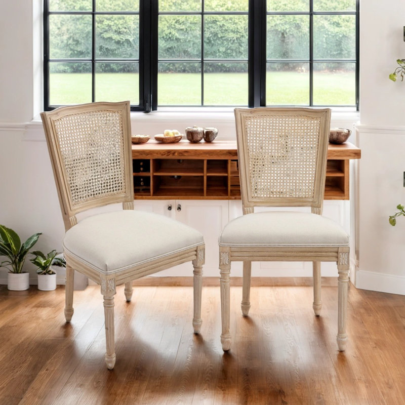 Set of 2 Dining Chairs with Rattan Back, Linen Upholstery