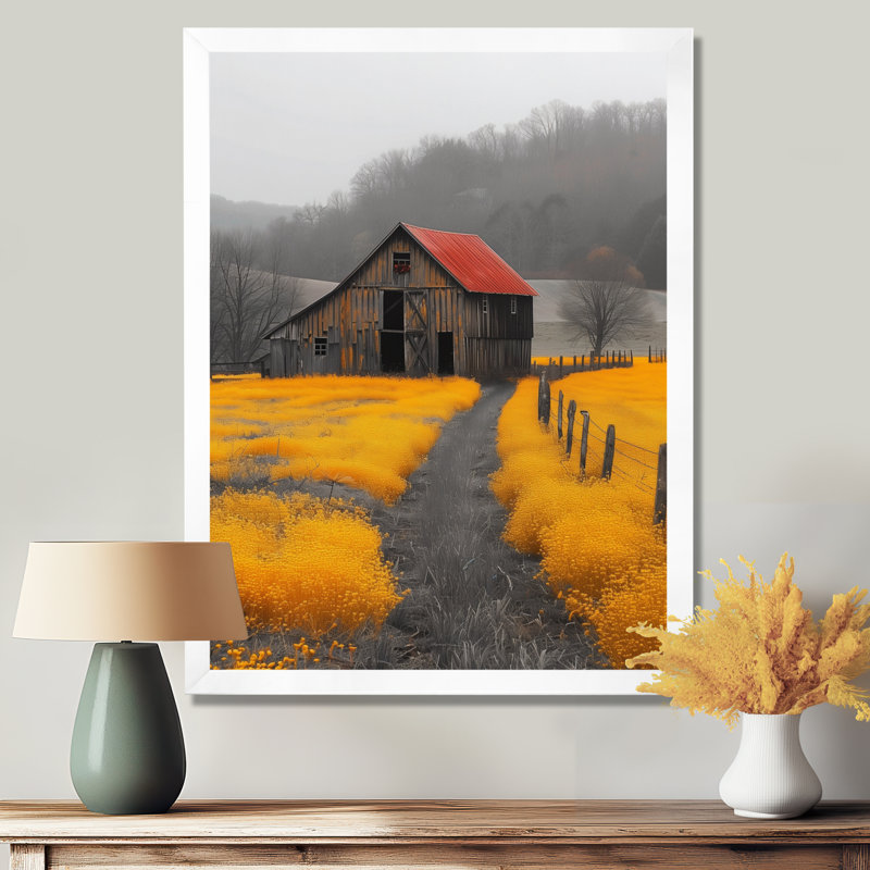 Red Yellow Autumn Barn Retreat - Reproduction d'art mural de grange, Toile encadrée blanche avec une seule photo