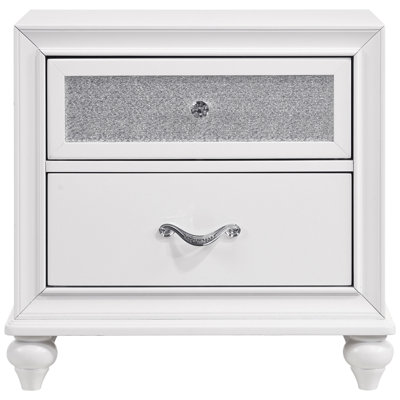 White 2 - Drawer Nightstand With Faceted Crystal Details, Storage For Bedroom, 25.96 Inches Tall, 16.5 Deep Drawers, Crisp Finish, Hardware, Bedroom Desirable Furniture, Wide