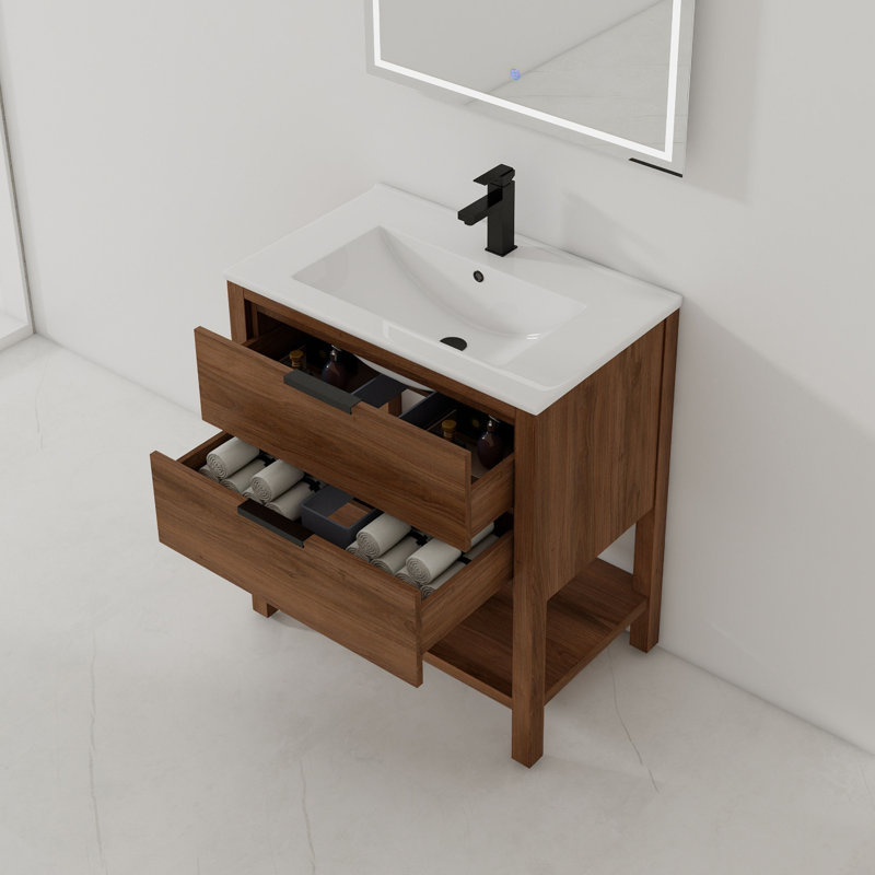 Meuble-lavabo de salle de bain autoportant 30 po en noyer naturel avec plateau en céramique Presenza Montana, 30"