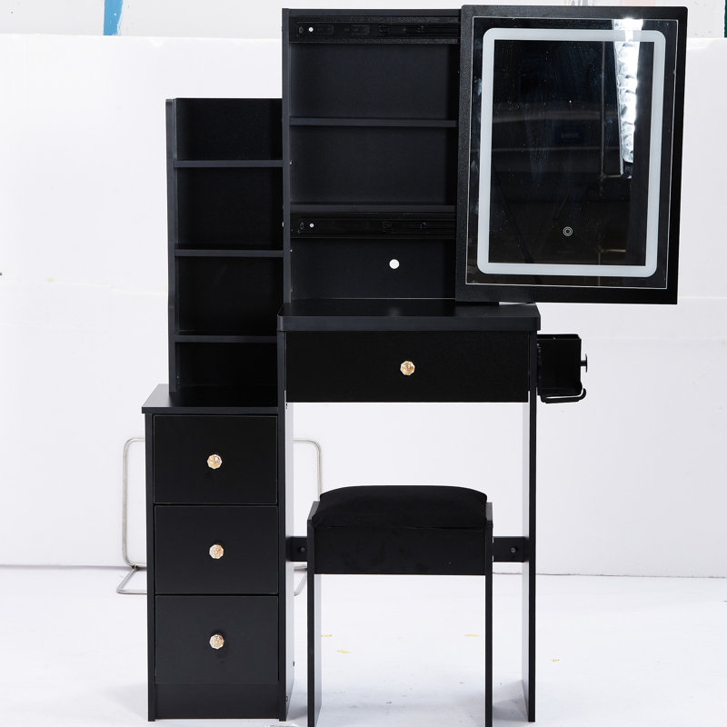Small Bedroom Dressing Table With Chair, 2 Ac + Chargers, Large Sliding Touch-Control Led Mirror, , , Black Finish Balcony Desk Vanity - Touch Control Switching, Cushioned Stool, American Style