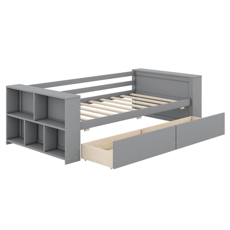 Lit de jour simple avec tablettes et tiroirs intégrés, gris