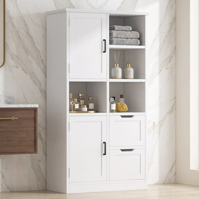 Freestanding Bathroom Storage Cabinet with Doors, Drawers, Open Shelves & Adjustable Interior Shelf, Multi Storage Organizer