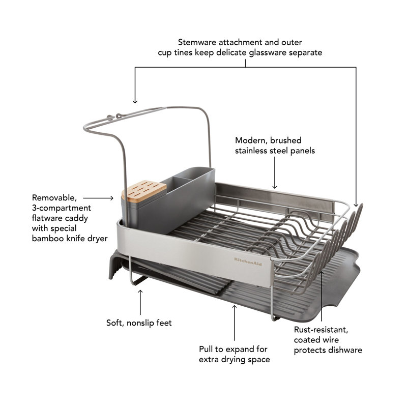 Gray Metal Expandable Dish Rack with Utensil Cup