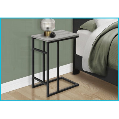Table basse moderne en stratifié gris, forme en C peu encombrante avec base en métal noir pour le salon et amp; Chambre à coucher